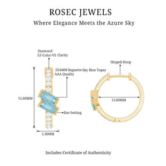 Natural Baguette Shape Sky Blue Topaz Diamond Hoop Earrings