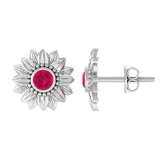 Bezel Set Real Ruby Flower Stud Earrings