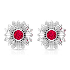 Bezel Set Real Ruby Flower Stud Earrings