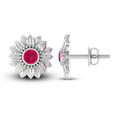 Bezel Set Real Ruby Flower Stud Earrings