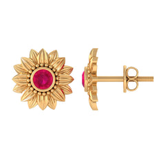Bezel Set Real Ruby Flower Stud Earrings