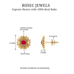 Bezel Set Real Ruby Flower Stud Earrings