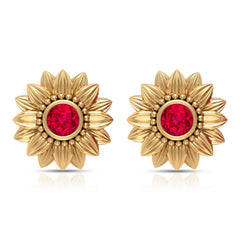 Bezel Set Real Ruby Flower Stud Earrings