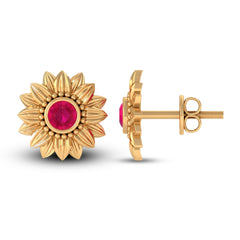 Bezel Set Real Ruby Flower Stud Earrings