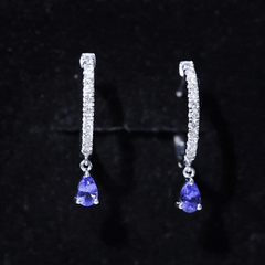 Real Tanzanite Teardrop Hoop Earrings with Diamond Accent