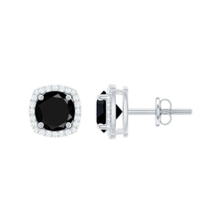 Vintage Black Onyx Stud Earrings with Diamond Halo