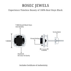 Vintage Black Onyx Stud Earrings with Diamond Halo