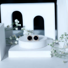 Vintage Black Onyx Stud Earrings with Diamond Halo