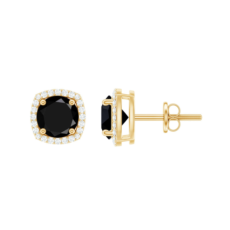 Vintage Black Onyx Stud Earrings with Diamond Halo