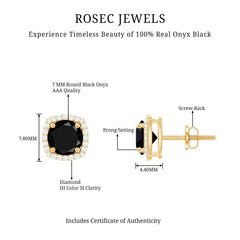 Vintage Black Onyx Stud Earrings with Diamond Halo