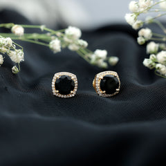 Vintage Black Onyx Stud Earrings with Diamond Halo