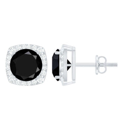 3 Carat Black Spinel Stud Earrings with Diamond Halo
