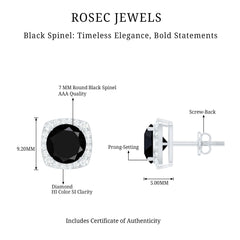 3 Carat Black Spinel Stud Earrings with Diamond Halo