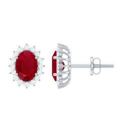 Genuine Oval Cut Ruby and Diamond Halo Stud Earrings