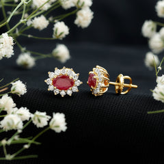 Genuine Oval Cut Ruby and Diamond Halo Stud Earrings