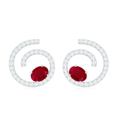 1 CT Oval Cut Ruby and Diamond Swirl Stud Earrings