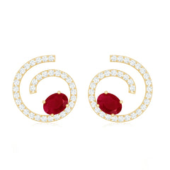 1 CT Oval Cut Ruby and Diamond Swirl Stud Earrings