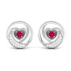Round Ruby and Diamond Heart Stud Earrings