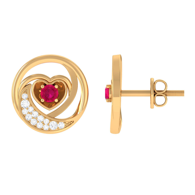 Round Ruby and Diamond Heart Stud Earrings
