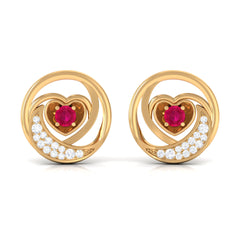 Round Ruby and Diamond Heart Stud Earrings