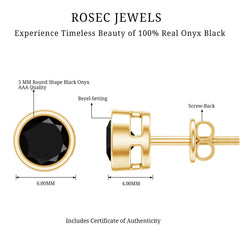 Black Onyx Solitaire Stud Earrings in Bezel Setting