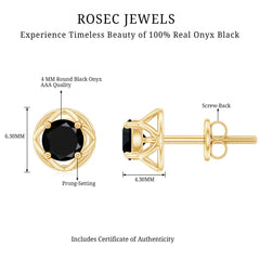 5MM Solitaire Black Onyx Floral Stud Earrings