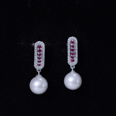 Pearl Bridal Earrings with Ruby and Diamond