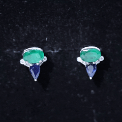 Blue Sapphire and Emerald Vintage Stud Earrings with Diamond