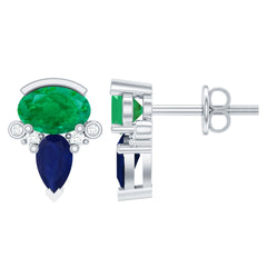 Blue Sapphire and Emerald Vintage Stud Earrings with Diamond