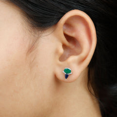 Blue Sapphire and Emerald Vintage Stud Earrings with Diamond