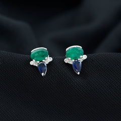 Blue Sapphire and Emerald Vintage Stud Earrings with Diamond