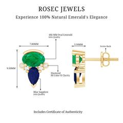 Blue Sapphire and Emerald Vintage Stud Earrings with Diamond