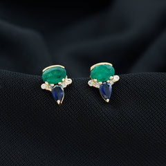 Blue Sapphire and Emerald Vintage Stud Earrings with Diamond