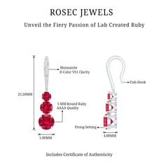 2.50 CT Lab Created Ruby Three Stone Dangle Earrings with Moissanite