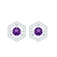 Minimal Amethyst and Diamond Geometric Stud Earrings