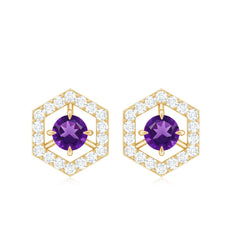 Minimal Amethyst and Diamond Geometric Stud Earrings