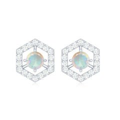1 CT Minimal Ethiopian Opal and Diamond Geometric Stud Earrings