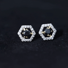 1 CT Black Spinel and Diamond Hexagon Stud Earrings