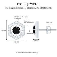 1 CT Black Spinel and Diamond Hexagon Stud Earrings