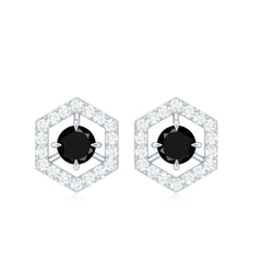 1 CT Black Spinel and Diamond Hexagon Stud Earrings