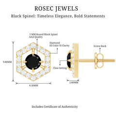 1 CT Black Spinel and Diamond Hexagon Stud Earrings