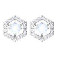 1 CT Minimal Moonstone and Diamond Geometric Stud Earrings