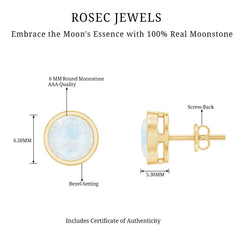 Real Moonstone Solitaire Stud Earrings in Bezel Setting