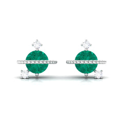 Solitaire Emerald and Diamond Contemporary Stud Earrings