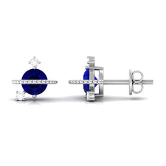 Natural 0.8 Carat Blue Sapphire and Diamond Contemporary Stud Earrings