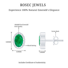 1 Carat Oval Emerald Solitaire Stud Earrings in Bezel Setting