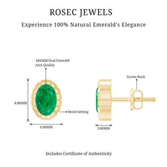 1 Carat Oval Emerald Solitaire Stud Earrings in Bezel Setting