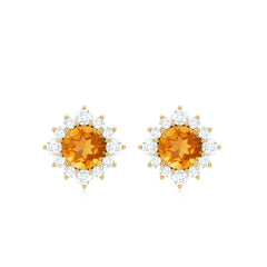 1 CT Classic Citrine Stud Earrings with Diamond Halo