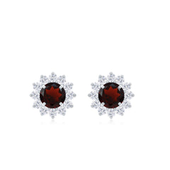 Natural Garnet and Diamond Flower Halo Stud Earrings