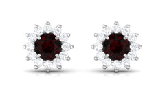 Natural Garnet and Diamond Flower Halo Stud Earrings